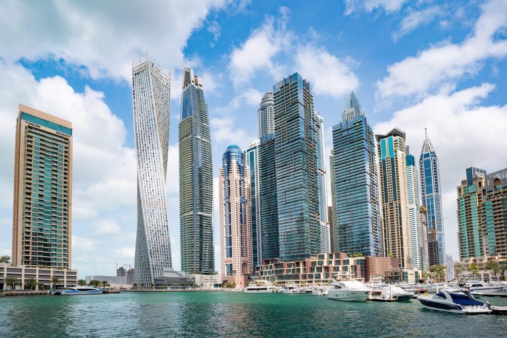 skyline, skyscrapers, buildings, cityscape, city, facades, edifice, architecture, modern architecture, waterfront, boats, yachts, dubai, urban, modern, water, downtown, emirates, marina, nature, towers, ships, port