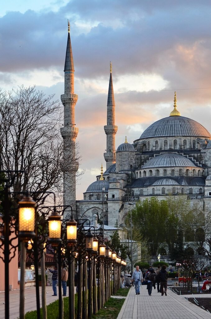 mosque, minarets, street lamps, street, architecture, istanbul, nature, islam, turkey, sunset, city