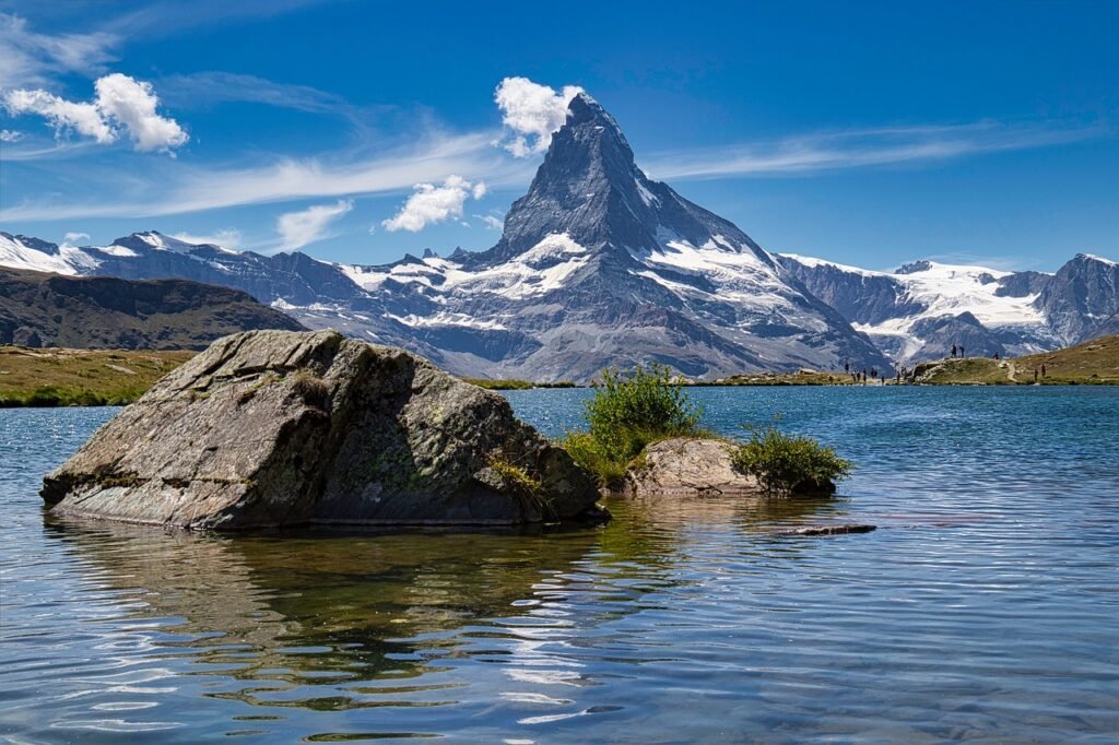 mountains, nature, rocks, lake, landscape, switzerland, matterhorn